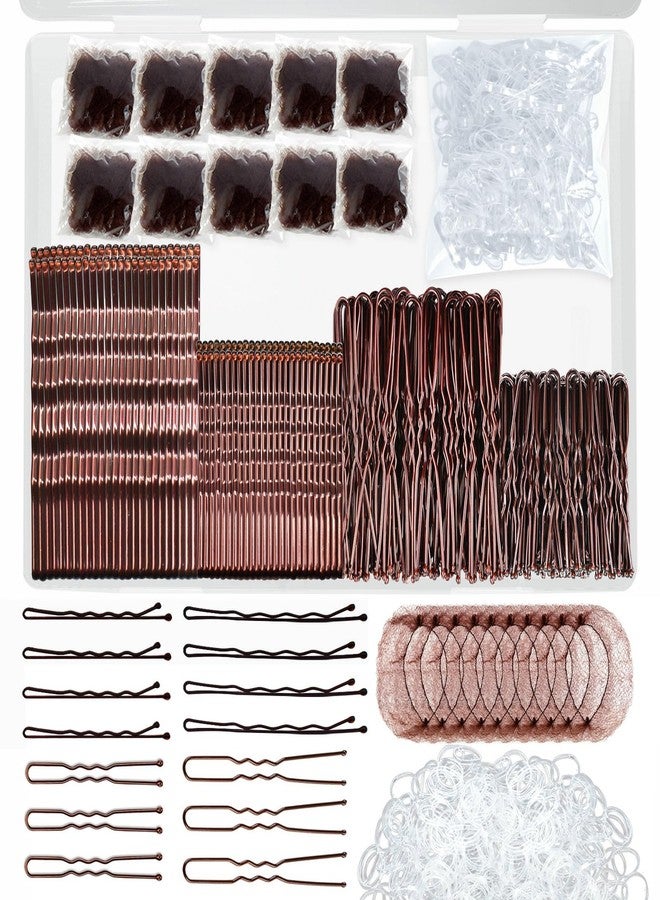YINGFENG 510PCS Brown Bobby Pins Hair Pins Kit with Hair Net, YINGFENG Includes 100 Bobby Pins for Women, 100 U-Shaped Buns Hair Clips, 300 Hair Bands and 10 Brown Hair Nets, Dance competition must haves - Image 1